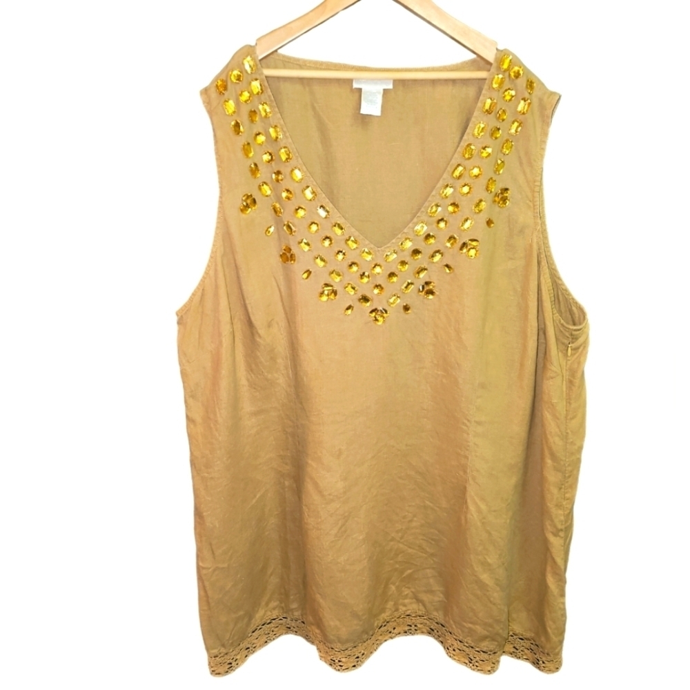 Soft Surroundings Pale Wheat color Embellished Linen Tunic Bohemian 2XL
